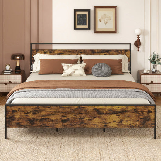 King Metal Bed Frame Industrial Platform Bed with Wooden Headboard-King Size
