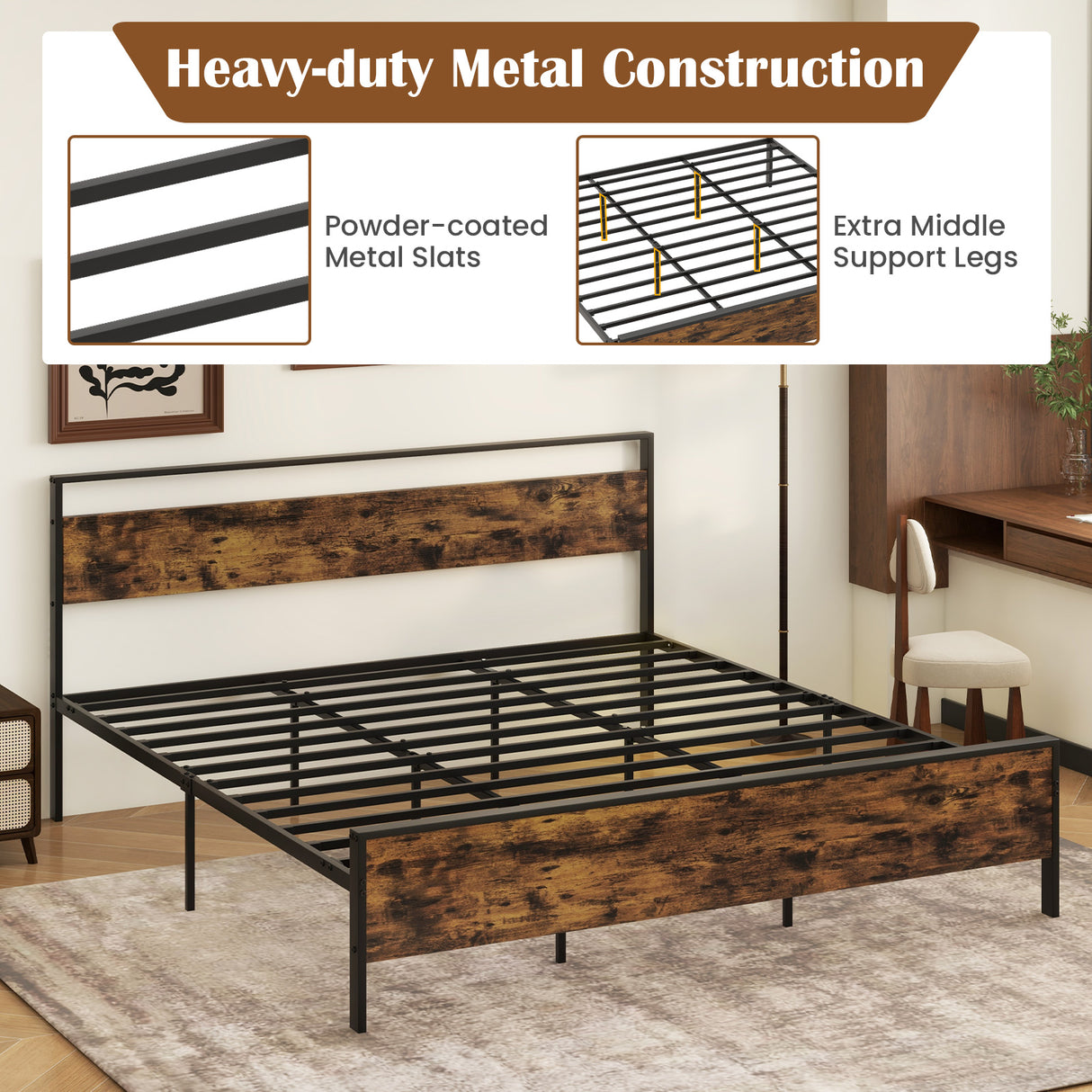 King Metal Bed Frame Industrial Platform Bed with Wooden Headboard-King Size