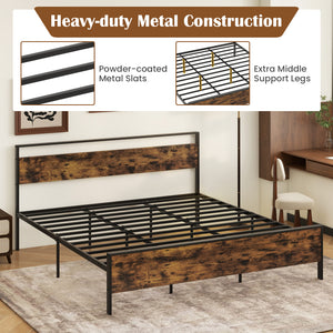 King Metal Bed Frame Industrial Platform Bed with Wooden Headboard-King Size