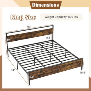 King Metal Bed Frame Industrial Platform Bed with Wooden Headboard-King Size