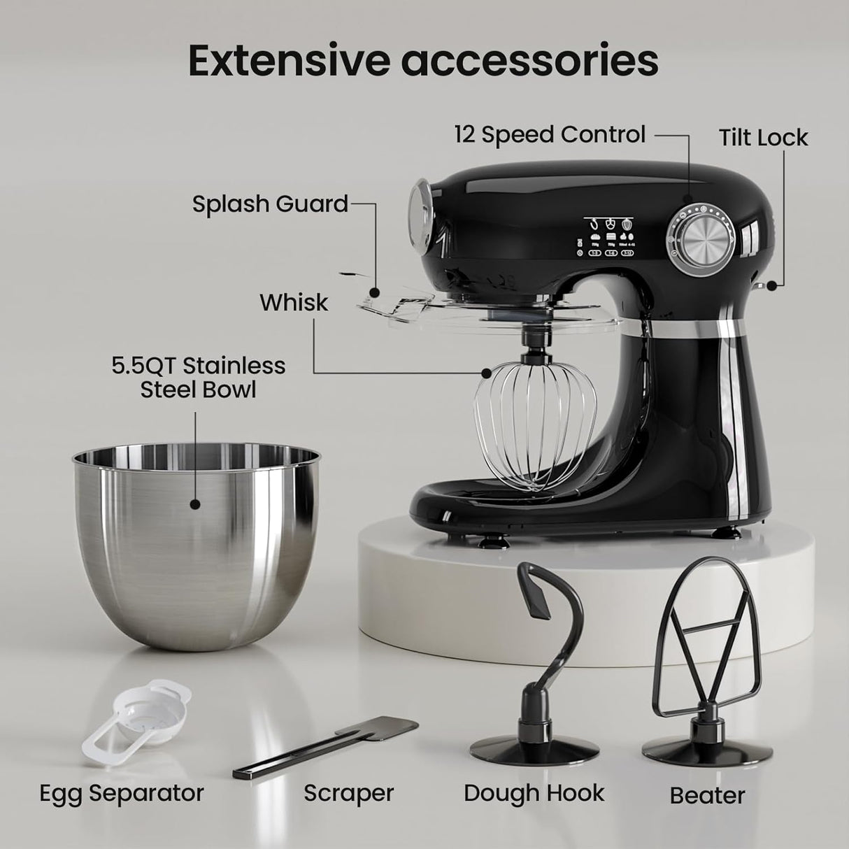 Kismile Stand Mixer, 5.5-Quart Electric Mixer with 12 Speeds CF3715