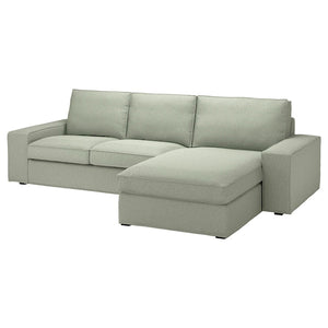 The KIVIK Sofa with Chaise is a light gray L-shaped sectional featuring three backrest cushions and a chaise lounge on the right. It boasts a modern design with wide armrests and blocky feet.