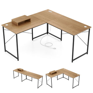 95 Inch 2-Person L-Shaped Long Reversible Computer Desk with Monitor Stand-Natural
