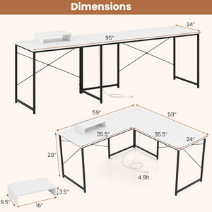 L-Shaped Computer Desk with Power Outlets and Monitor Shelf-White
