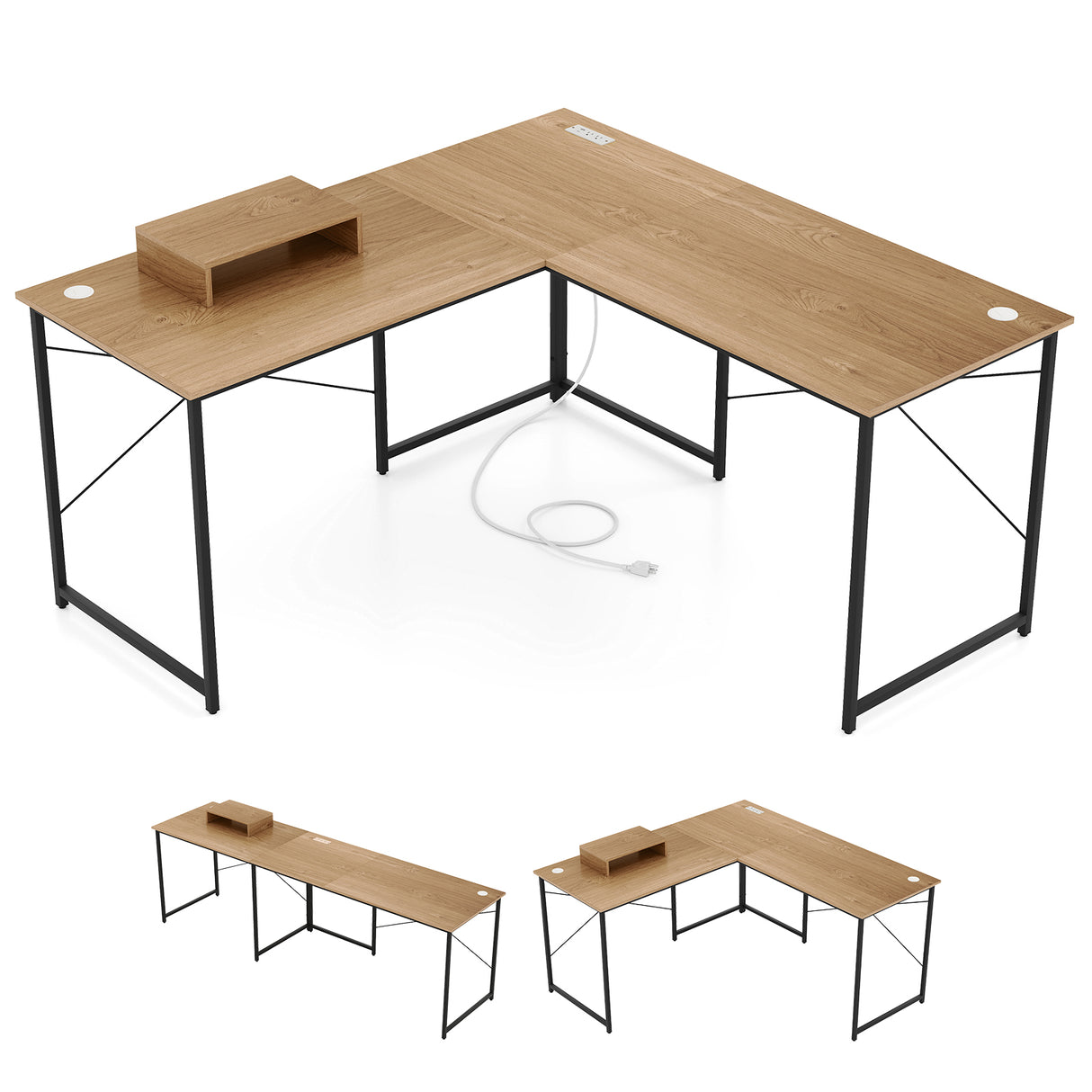 95 Inch 2-Person L-Shaped Long Reversible Computer Desk with Monitor Stand-Rustic Brown