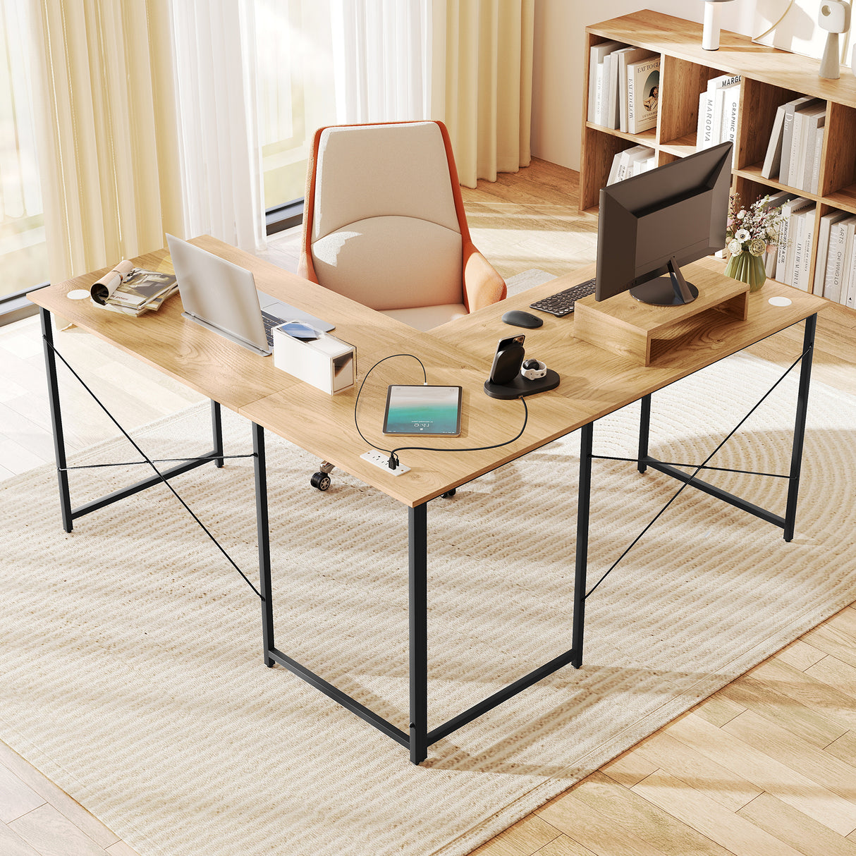 95 Inch 2-Person L-Shaped Long Reversible Computer Desk with Monitor Stand-Rustic Brown