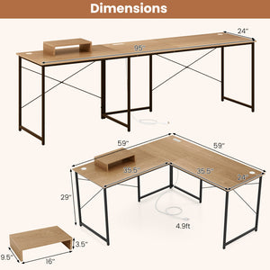 95 Inch 2-Person L-Shaped Long Reversible Computer Desk with Monitor Stand-Natural