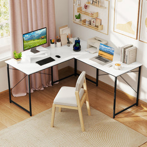 L-Shaped Computer Desk with Power Outlets and Monitor Shelf-White