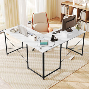 L-Shaped Computer Desk with Power Outlets and Monitor Shelf-White