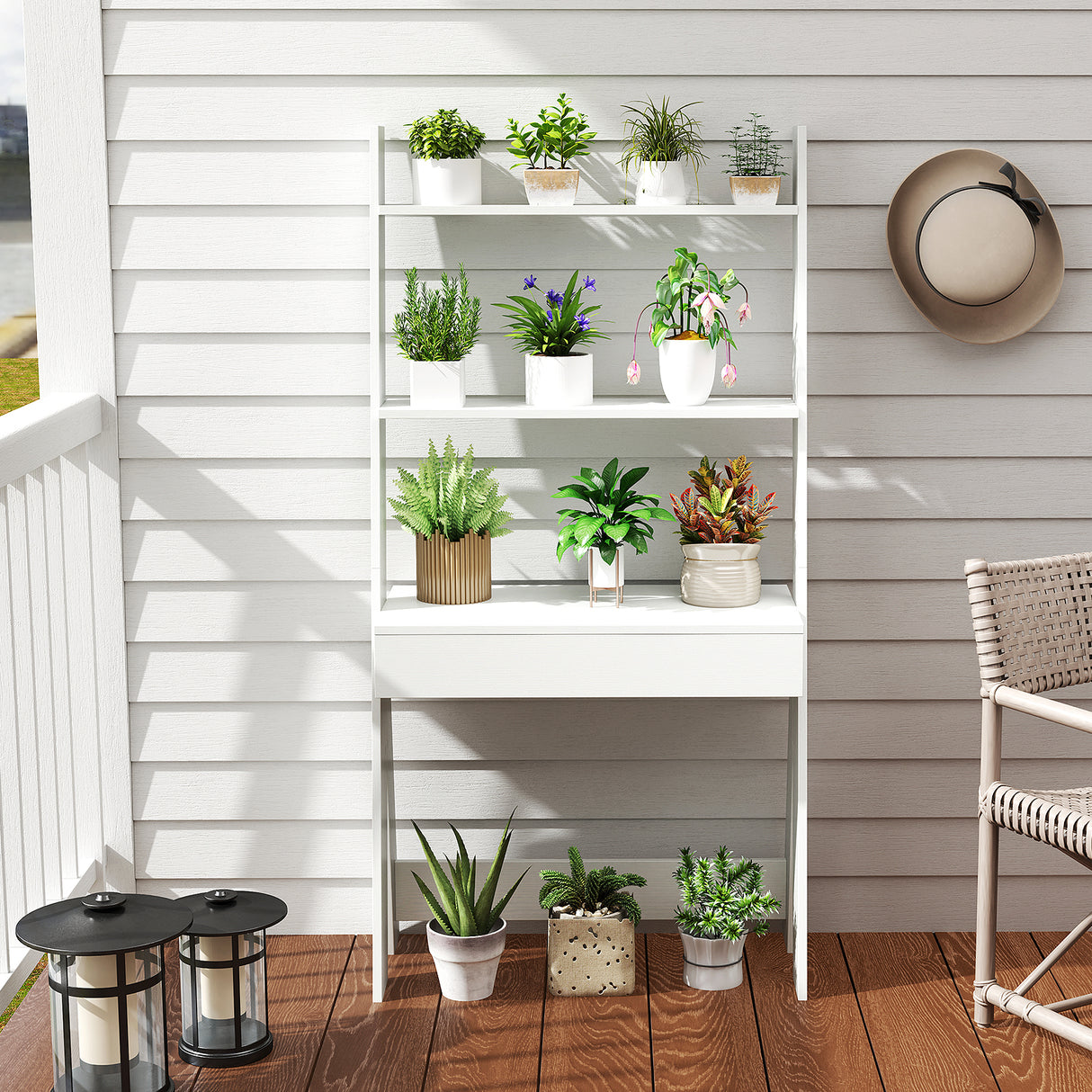 Ladder Shelf Desk with Countertop Drawer and Anti-Toppling Device-Oak