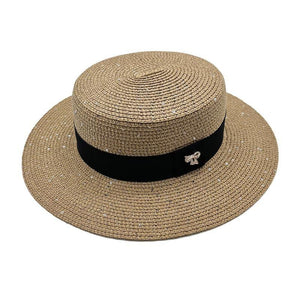 Ladies Sun Boater Classic Flat Hats Straw Hat Wide Brim Boater Hat Summer Straw Hat Beautiful Accessories For Women Retro Female Flat Cap Foldable Packable Beach Hat for Summer 55-58cm