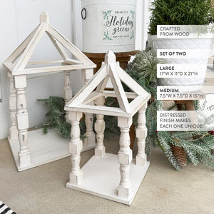 Distressed White Turned Wooden Open Lanterns, Set of Two