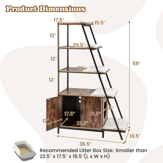 Large Cat Litter Box Enclosure with Storage and Ladder Shelf-Rustic Brown