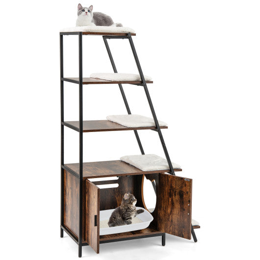 Large Cat Litter Box Enclosure with Storage and Ladder Shelf-Rustic Brown
