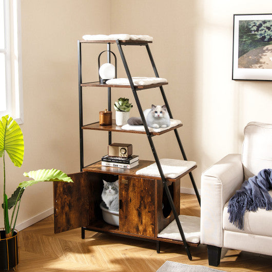 Large Cat Litter Box Enclosure with Storage and Ladder Shelf-Rustic Brown