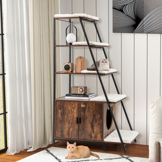 Large Cat Litter Box Enclosure with Storage and Ladder Shelf-Rustic Brown