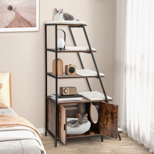 Large Cat Litter Box Enclosure with Storage and Ladder Shelf-Rustic Brown