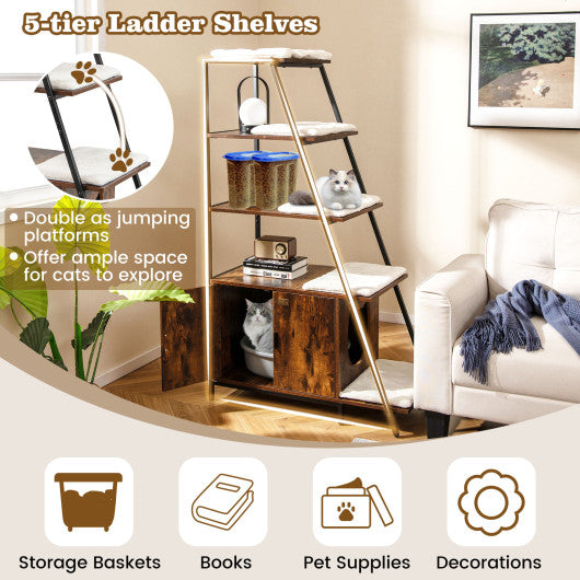 Large Cat Litter Box Enclosure with Storage and Ladder Shelf-Rustic Brown