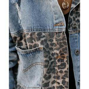 Lavish Style Winter Long-sleeved Jacket Denim Trendy Leopard Print Stitching Lapel Short Jacket For Women And Girls