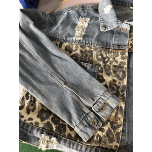 Lavish Style Winter Long-sleeved Jacket Denim Trendy Leopard Print Stitching Lapel Short Jacket For Women And Girls
