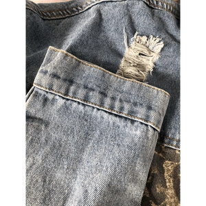 Lavish Style Winter Long-sleeved Jacket Denim Trendy Leopard Print Stitching Lapel Short Jacket For Women And Girls