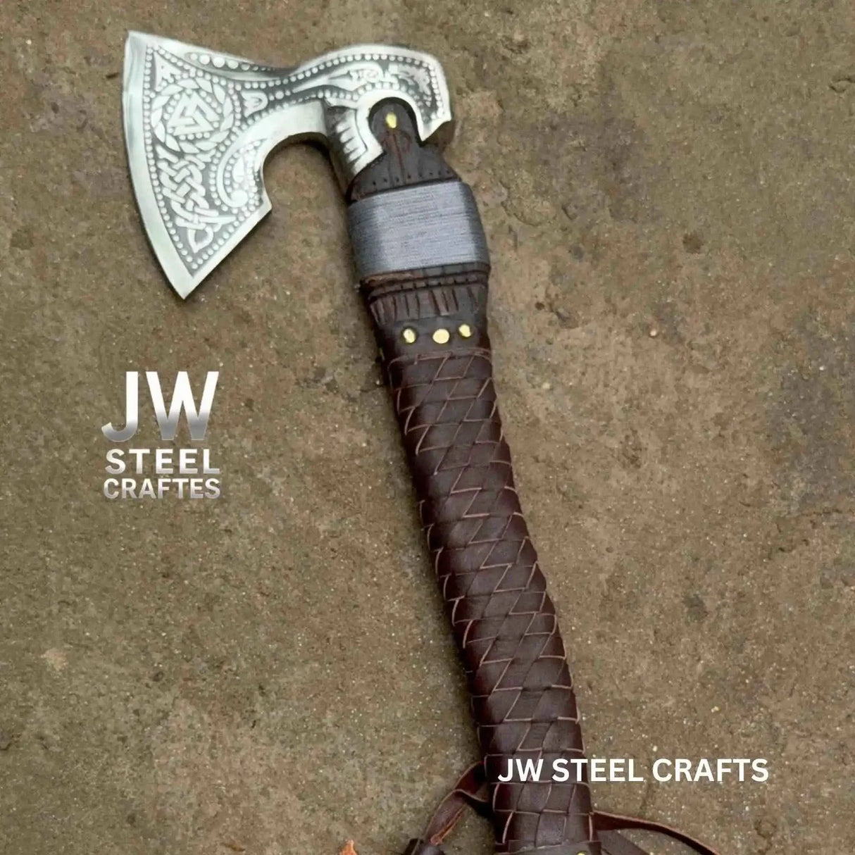 Engraved Norse Valknut Hatchet with Braided Leather Handle