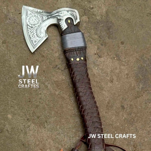 Engraved Norse Valknut Hatchet with Braided Leather Handle