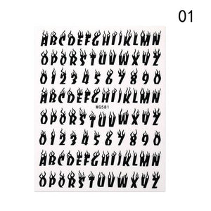 Letter 3D Decals Nail Art Stickers English Old Font Black Number Tattoo Nails Design Water Sliders Manicure Decoration 3D Nail Supplies Holographic Old English Character Nail Self-Adhesive Sticker English Font Design Manicure Decorations Accessories