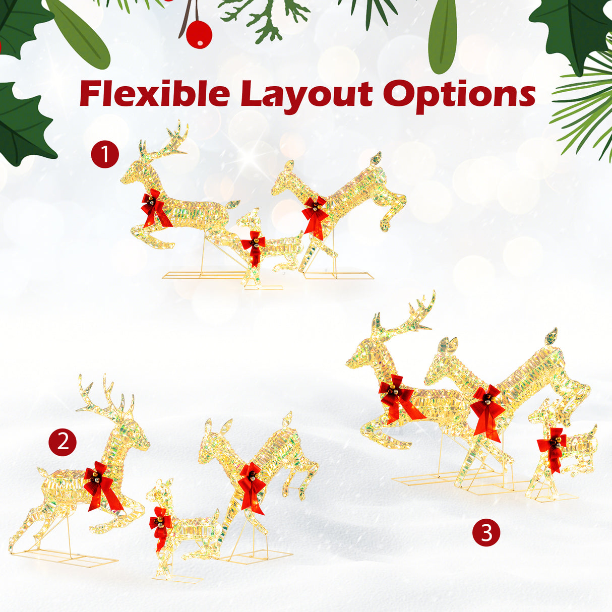 3-Piece Lighted Christmas Reindeer Family with LED Lights and Bows