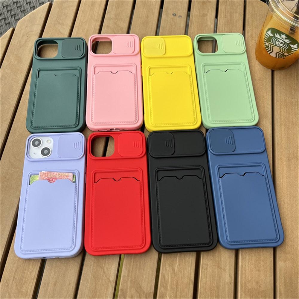 Lightweight Slide Camera Protection Card Holder Wallet Phone Case For iPhone 13 14 Pro Max 12 11 Soft Silicone Cover Soft Skin Silicone Cover Yellow Card Holder Sliding Camera Protection Cover For iPhone