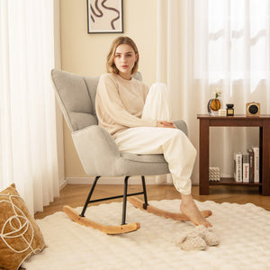 Linen Nursery Rocking Chair with High Backrest and Padded Armrests-White