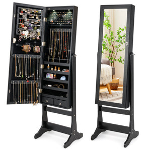 Lockable Freestanding Jewelry Cabinet Armoire with Full-Length Mirror and Lights-Black
