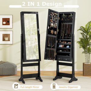 Lockable Freestanding Jewelry Cabinet Armoire with Full-Length Mirror and Lights-Black