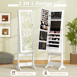 Lockable Freestanding Jewelry Cabinet Armoire with Full-Length Mirror and Lights-White