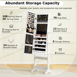 Lockable Freestanding Jewelry Cabinet Armoire with Full-Length Mirror and Lights-White