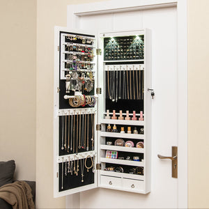Lockable Wall Mount Mirrored Jewelry Cabinet with LED Lights-White