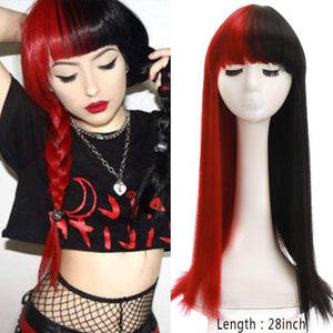Long Straight With Bangs Synthetic Wigs For Black/White Women Natural Black Brown Gray Heat Resistant Fiber Hair Wigs For Black Women Cosplay Wigs For Women Gifts for Girlfriends