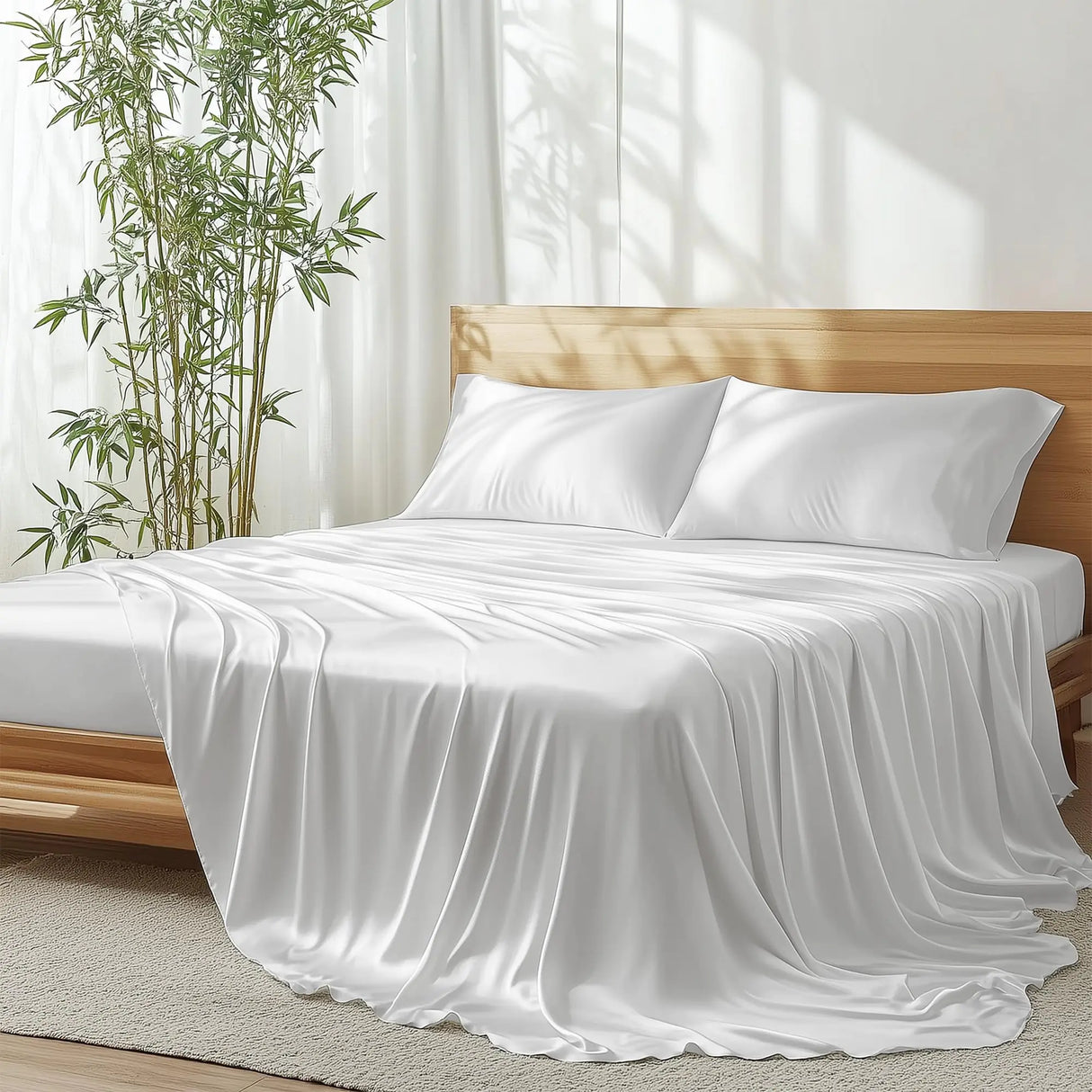 JSELF 100% Organic Viscose from Bamboo Sheets California King Size Set - Ultra Soft & Luxuriously Cooling Sheets for Hot Sleepers 16" Deep Pocket 4-Piece California King Size Bed Sheets Set (White)