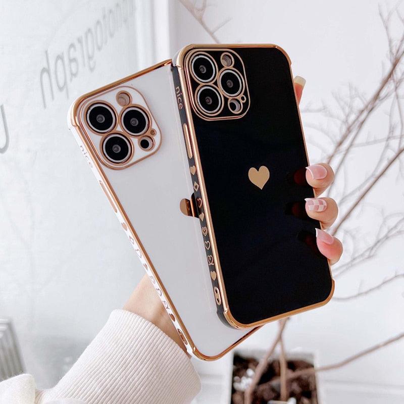 Luxurious Heart Soft Anti-Scratch Full Lens Protection Silicone Girls Shockproof Phone Case for iPhone Phone Case For iPhone 14 13 12 Pro 12Mini Soft Women Elegant Love Heart Shockproof Bumper Phone Case
