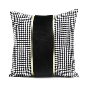 Luxury Black White Houndstooth Gold Leather Stitching Pillow Covers Sofa Decorative Horse Pillow Case Swallow Gird Throw Pillowcases Black Gold PU Leather Polyester Splicing Cushion Covers Well Made Classic Pattern