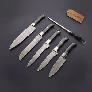 5-Piece Damascus Knife Set with Honing Rod and Black Handles