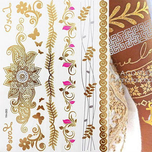 Luxury Flash Metallic Waterproof Temporary Tattoo Gold Silver Flower Tattoo Sticker Long Lasting Gold Design For Womens