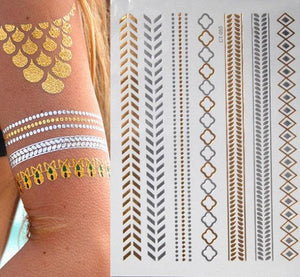 Luxury Flash Metallic Waterproof Temporary Tattoo Gold Silver Flower Tattoo Sticker Long Lasting Gold Design For Womens