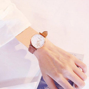 Luxury Girl Watch Student High School Small Fresh Watch Pink Cute Star Starry Sky Casual Leather Female Wrist Watch Leather Band Thin Minimalist Casual Simple Dress Watch