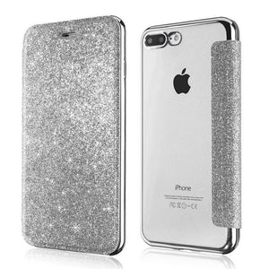 Luxury Glitter Leather Flip Wallet Case For iPhone 14 13 12 11 Pro XS Max XR X 7 8 Plus 6s Plus Clear Back Case iPhone Shiny Luxury Glitter Leather Case with Card Holder Flip Magnetic Closure Stand Cover