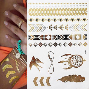 Luxury Metallic Gold Waterproof Temporary Tattoo Feather Elephant Fashion Different Design Tattoos For Womens