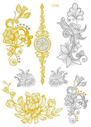 Luxury Metallic Temporary Tattoo Gold Silver Flower Sticker Long Lasting Gold Design For Womens