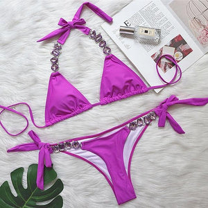 Luxury Purple Halter Crystal Diamond Bikini Female Swimsuit Women Swimwear Rhinestone Bikini Set Bathing Suit Women's Swimwear Rhinestone Halter Low Waist Tie Side Bikini Set 2 Pieces Crystal Diamond Swimsuit