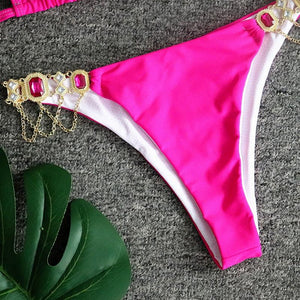 Luxury Purple Halter Crystal Diamond Bikini Female Swimsuit Women Swimwear Rhinestone Bikini Set Bathing Suit Women's Swimwear Rhinestone Halter Low Waist Tie Side Bikini Set 2 Pieces Crystal Diamond Swimsuit