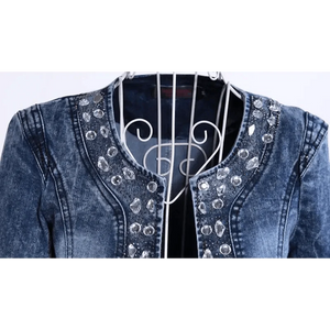 Luxury Spring Fashionable Women Denim Jacket Slim Zipper Casual Short Sequins Outerwear Ladies Vintage Crystal Biker